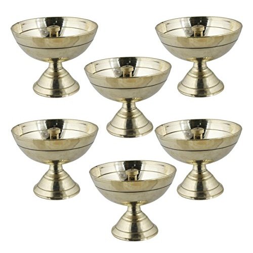 Set of 6 - Handmade Indian Puja Brass Oil Lamp - Diya Wick Lamp Liquid Candle Dia - 2.5 Inch