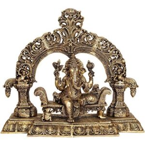 AapnoCraft Large Shrine Brass Ganesha Statue - Vintage Hindu Lord Ganesh Sculpture Designer Elephant God Figurine Heavy Idols Anniversary Gifts