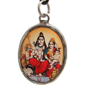 Shiva Parvati Family Reversible Om Enameled Oval Fancy White Metal Pendant w/Gift Pouch